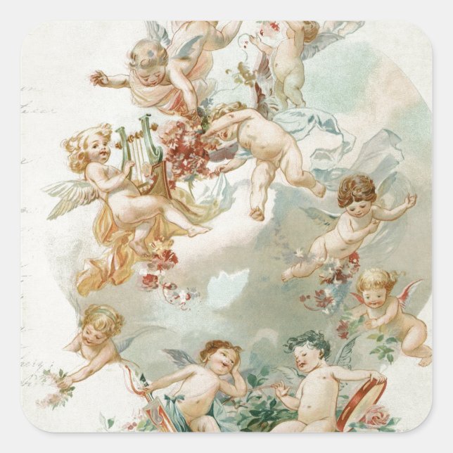 Heavenly Angel Cherubs Vintage Script Square Sticker (Front)