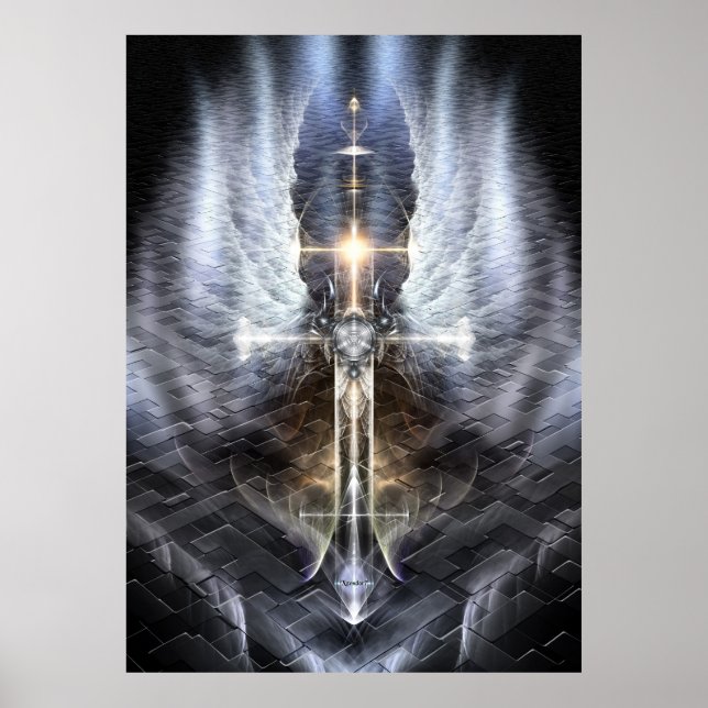 Heavenly Angel Wing Cross Fractal Art Jagged Path Poster (Front)