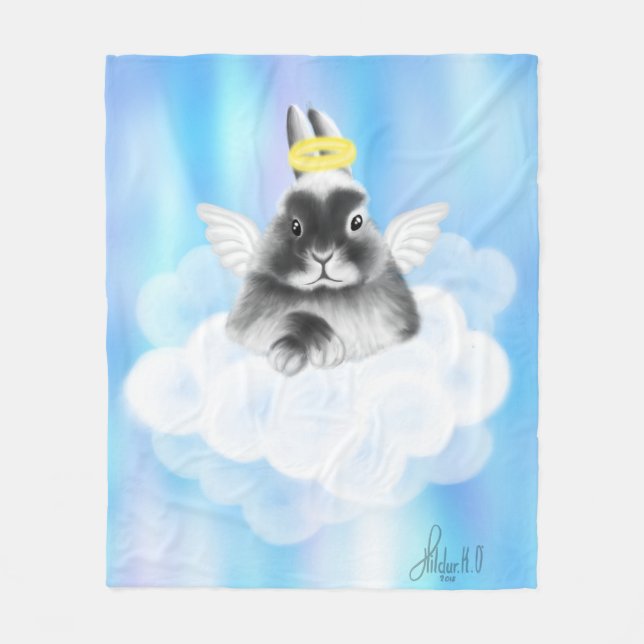 Heavenly Bliss: Grey and White Bunny on Cloud with Fleece Blanket (Front)