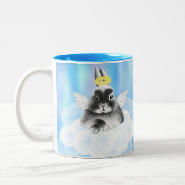 Heavenly Bliss: Grey and White Bunny on Cloud with Two-Tone Coffee Mug (Left)