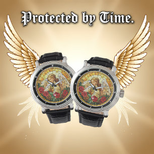 Heavenly Blossom Stained Glass Angel Floral Wall  Watch