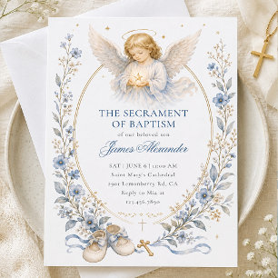 Heavenly Blue Watercolor Angel Baptism  Invitation