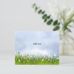 Heavenly clouds, meadow with flowers, postcard