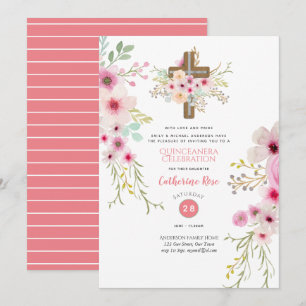 Heavenly Cross Quinceanera Invitation Boho Flowers