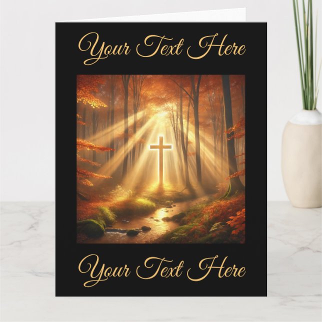 Heavenly Golden Cross in Autumn Forest Card (Front)