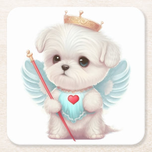 Heavenly Love: Cute Angel Maltese Dog Puppy Square Paper Coaster
