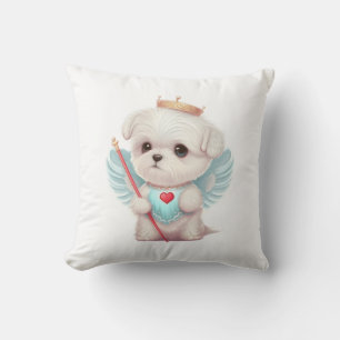 Heavenly Love: Cute Angel Maltese Dog Puppy Throw Pillow