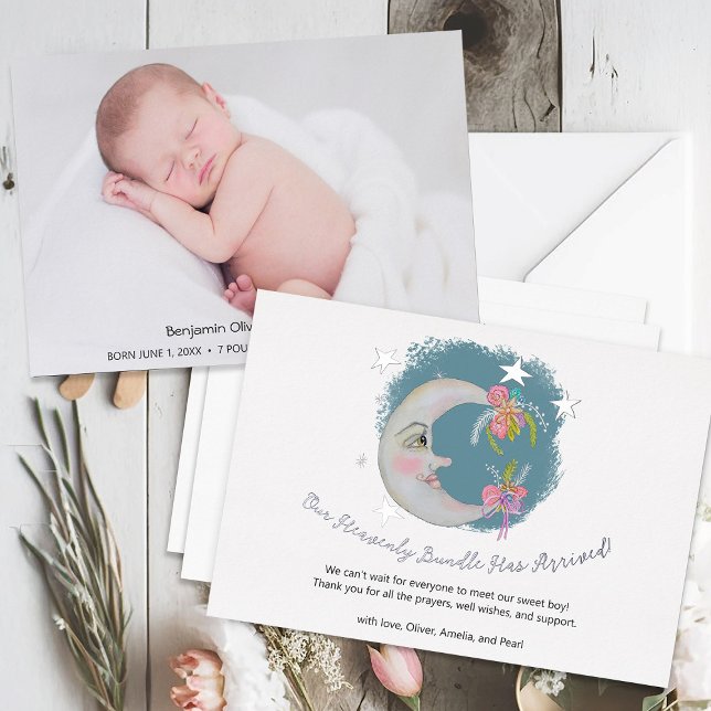 Heavenly Moon Stars Floral Blue Birth Announcement (Creator Uploaded)