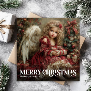 Heavenly Vintage Angel Green Gold Christmas Card