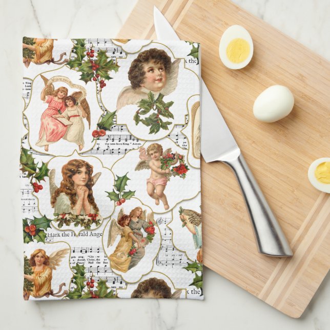 Heavenly Vintage Angels, Holly & Music Collage  Kitchen Towel (Quarter Fold)