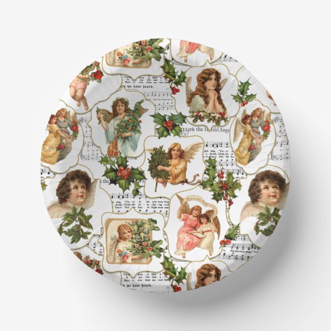 Heavenly Vintage Angels, Holly & Music Collage  Paper Plate (Front)