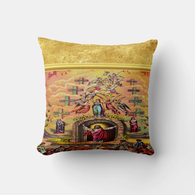 Heaven's Gate with a gold foil texture and Jesus Throw Pillow (Front)