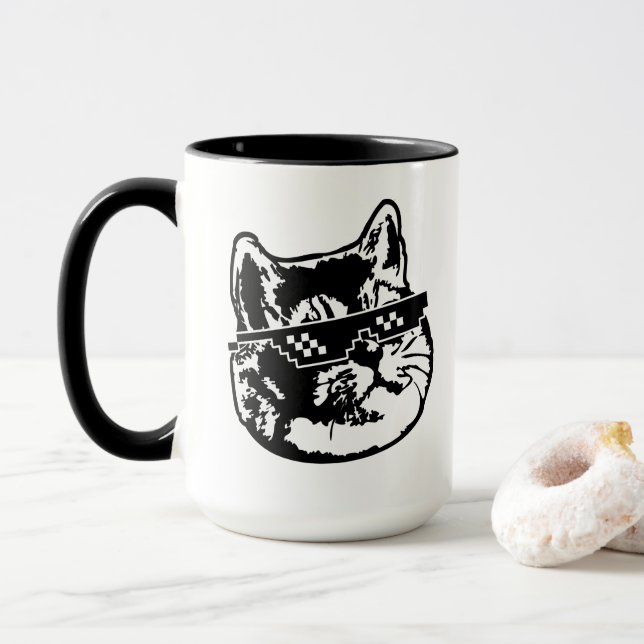 Heavy Breathing Cat with Meme Sunglasses Mug (With Donut)