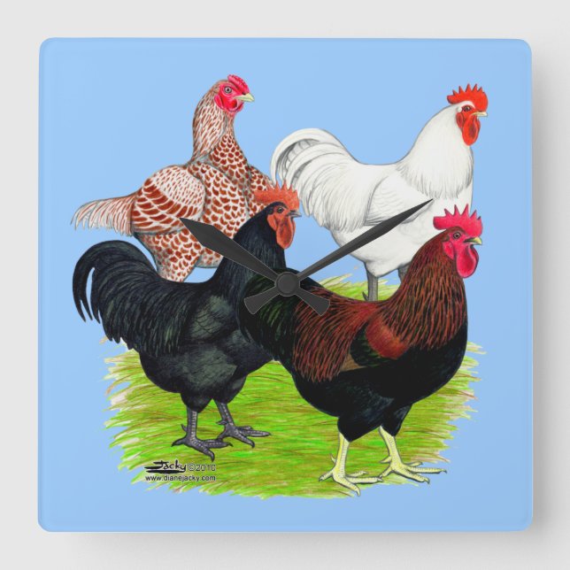 Heavy Breed Rooster Quartet Square Wall Clock (Front)