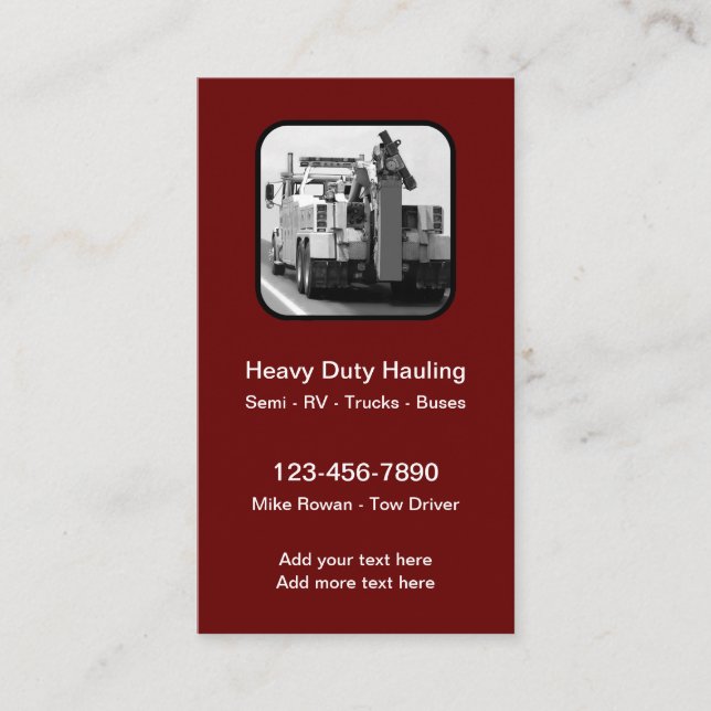 Heavy Duty Tow Truck Hauling Business Cards (Front)
