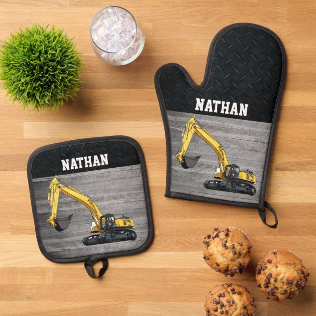 Heavy Equipment Business Excavator Construction  Oven Mitt & Pot Holder Set (Top Down)