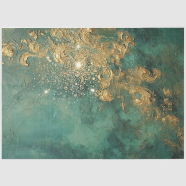 Heavy gold baroque ornament sparkles emerald green tissue paper (Front)