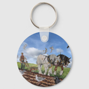 Heavy Horses Ploughing In March  Keychain