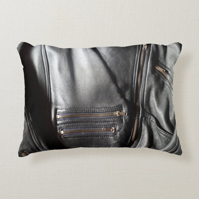 Heavy Metal Faux Leather Black Biker Jacket Photo Accent Pillow (Front)
