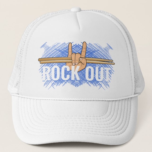 Heavy Metal Hard Rock Music Devil Horns Drummer Trucker Hat (Front)