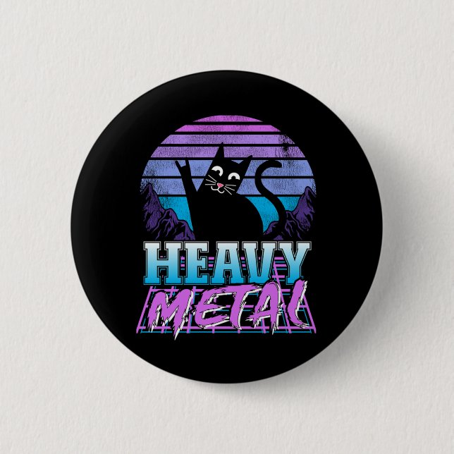 Heavy Metal Retro Sunset Cat Heavy Metal Retrowave 2 Inch Round Button (Front)