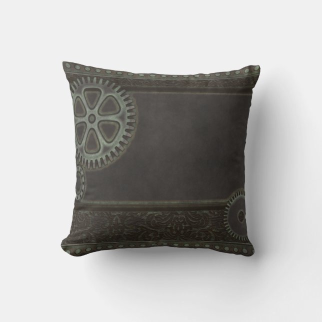 Heavy Metal Steampunk Cog and Bolt Pillow (Front)