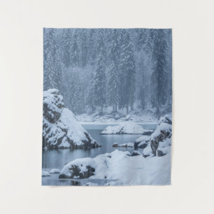 Heavy snow fall lake Fusine, Italy Tapestry