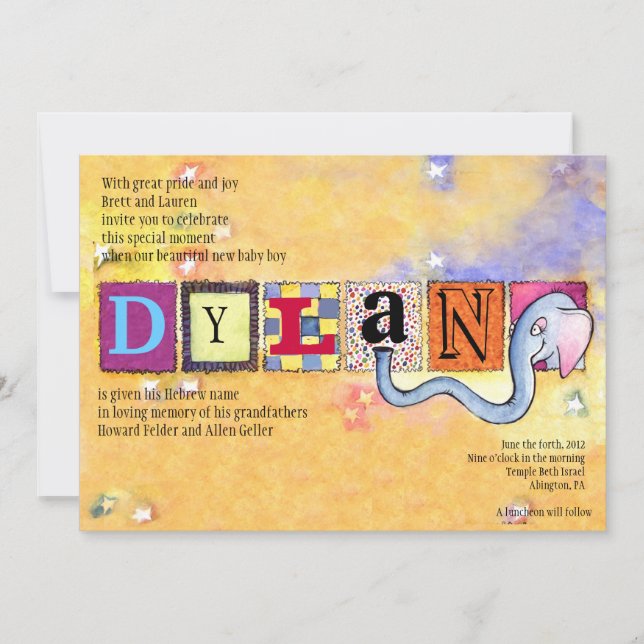 Hébreu de l'éléphant Jewish Baby Naming Invitation (Devant)