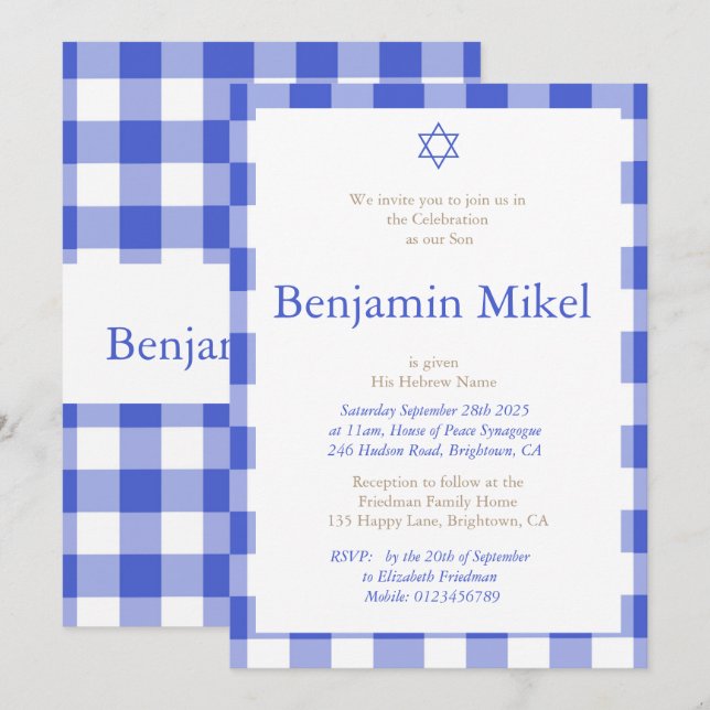 Hebrew Baby Boy Naming Ceremony Jewish Blue Invitation (Front/Back)