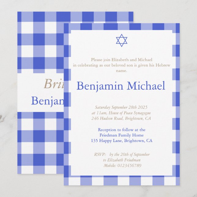 Hebrew Brit Shalom Baby Boy Naming Jewish Blue  Invitation