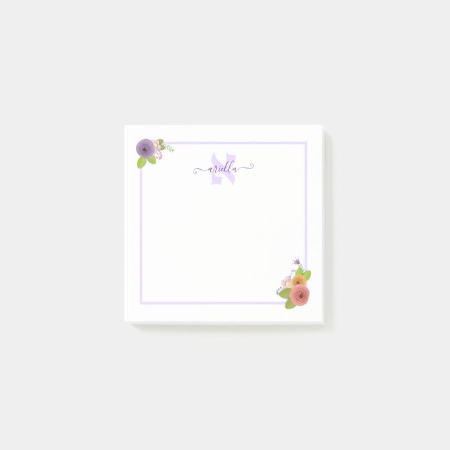 Hebrew Monogram ALEF Personalized Floral Post-it Notes (Front)
