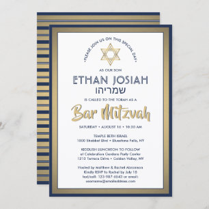 Hebrew Name Bar Mitzvah Elegant Gold White & Navy Invitation