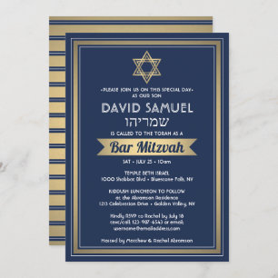 Hebrew Name Bar Mitzvah Navy Blue White & Gold Invitation
