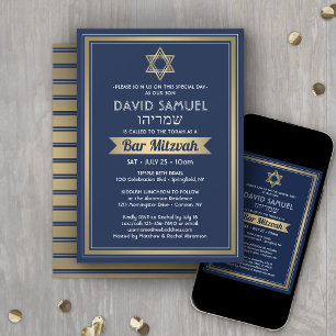 Hebrew Name Bar Mitzvah Navy Blue White & Gold Invitation