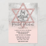 Hebrew Rose Gold Pink Silver Star Bat Mitzvah Invitation<br><div class="desc">This elegant and girly Bat Mitzvah invitation is the perfect design for your daughter. It features a rustic faux silver foil gradient ombre with a faux printed rose pink gold glitter sequin star of David. This design displays the Hebrew name of your child as well, to add that extra special...</div>