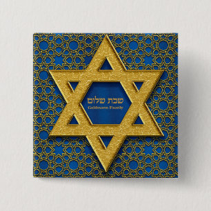 Hebrew Shabbat Shalom Gold Star of David Blue  2 Inch Square Button
