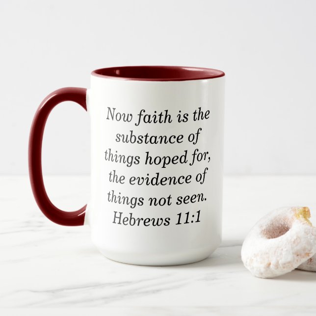 Hebrews 11:1 Scripture Maroon Two-Tone Coffee Mug (With Donut)