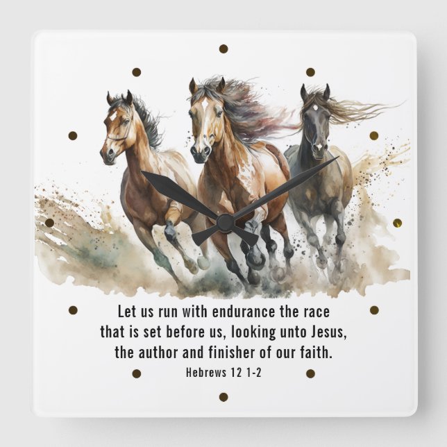 Hebrews 12:1 Run with Endurance Horse Bible Verse Square Wall Clock (Front)
