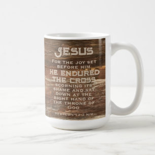 Hebrews 12:2 Bible Verse Rustic Wood Monogram Coffee Mug