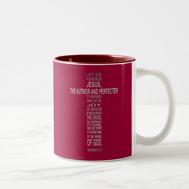 Hebrews 12:2 - Silver on Crimson Two-Tone Coffee Mug (Right)