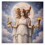 Hecate Triple Goddess Celestial Moon Art – myth Tile<br><div class="desc">This striking celestial illustration depicts Hecate, the powerful triple-formed goddess of Greek mythology. Standing beneath a luminous full moon and star-filled night sky, Hecate appears in her traditional three-faced form representing the mysteries of the crossroads, the night, and the unseen realms. Each aspect of the goddess holds sacred symbols associated...</div>