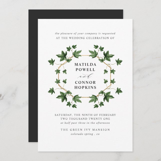 Hedera |  Grey Ivy Botanical geometric Wedding Invitation (Front/Back)