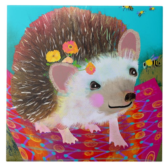 Hedgehog and Bee Ceramic Kitchen Tile (Front)
