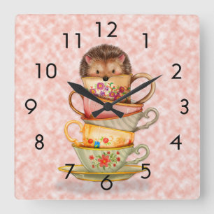 Hedgehog and Colourful Teacups on Pink Wall Clock