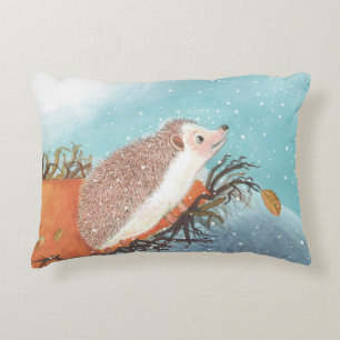 Hedgehog and first snowflakes accent pillow