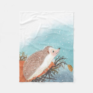 Hedgehog and first snowflakes fleece blanket