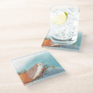 Hedgehog and first snowflakes glass coaster