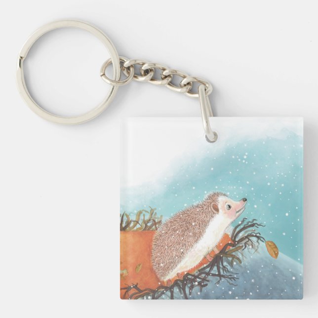 Hedgehog and first snowflakes  keychain (Front)