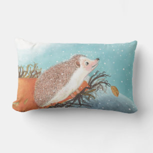 Hedgehog and first snowflakes lumbar pillow