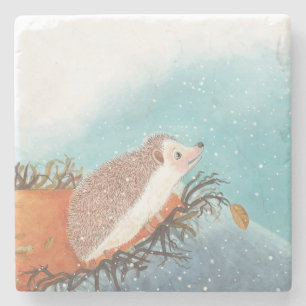 Hedgehog and first snowflakes stone coaster